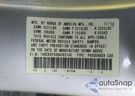 2013 Honda Accord Ex-L из США, поврежденный, VIN 1HGCR2F85DA065746